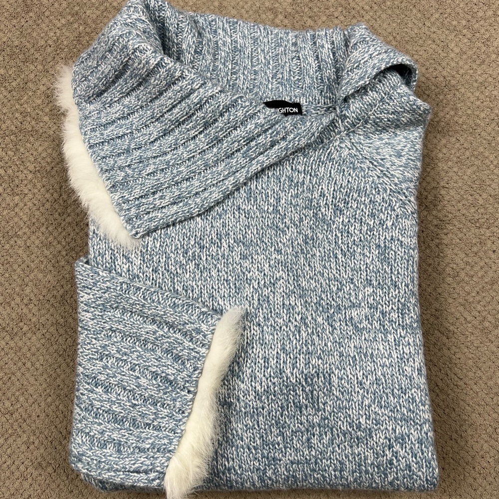 Norton McNaughton Women’s Large Heathered Blue Split Turtleneck Fur Trim Sweater